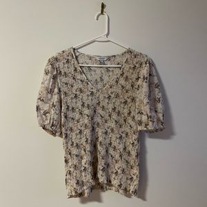 Nine West Women's Tan Floral Ruched V Neck Blouse L